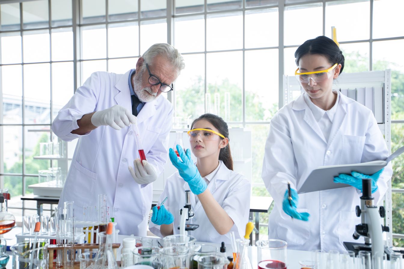 Researchers conducting laboratory testing, examining samples and recording observations among scientific equipment and glassware.