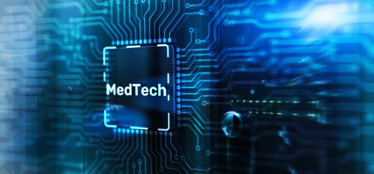 Digital medical technology concept featuring a microchip labelled MedTech on a circuit board